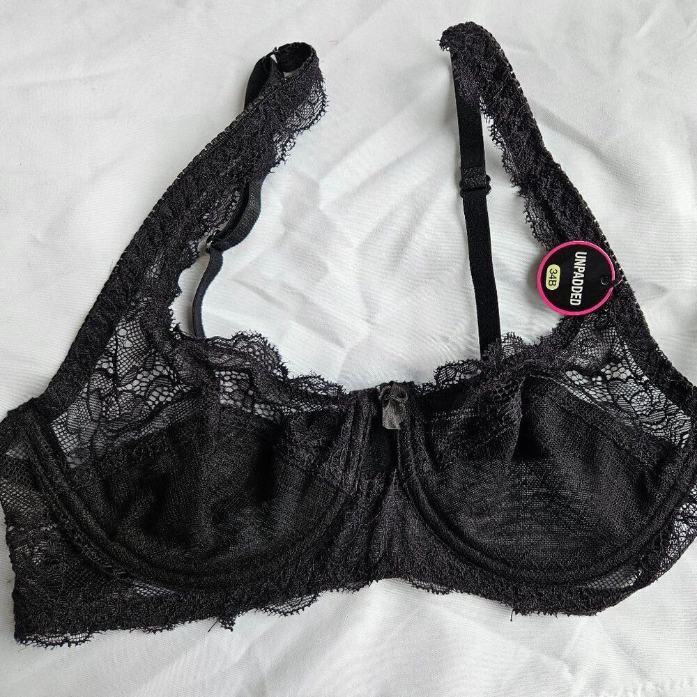 Rene Rofe Black Lace‎ Balconette Bra with Underwire 34B